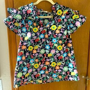 Black floral ruffle short sleeve blouse, size small.